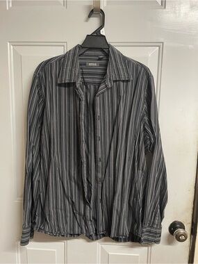 Mens Black and Gray Striped Button-Up Shirt L